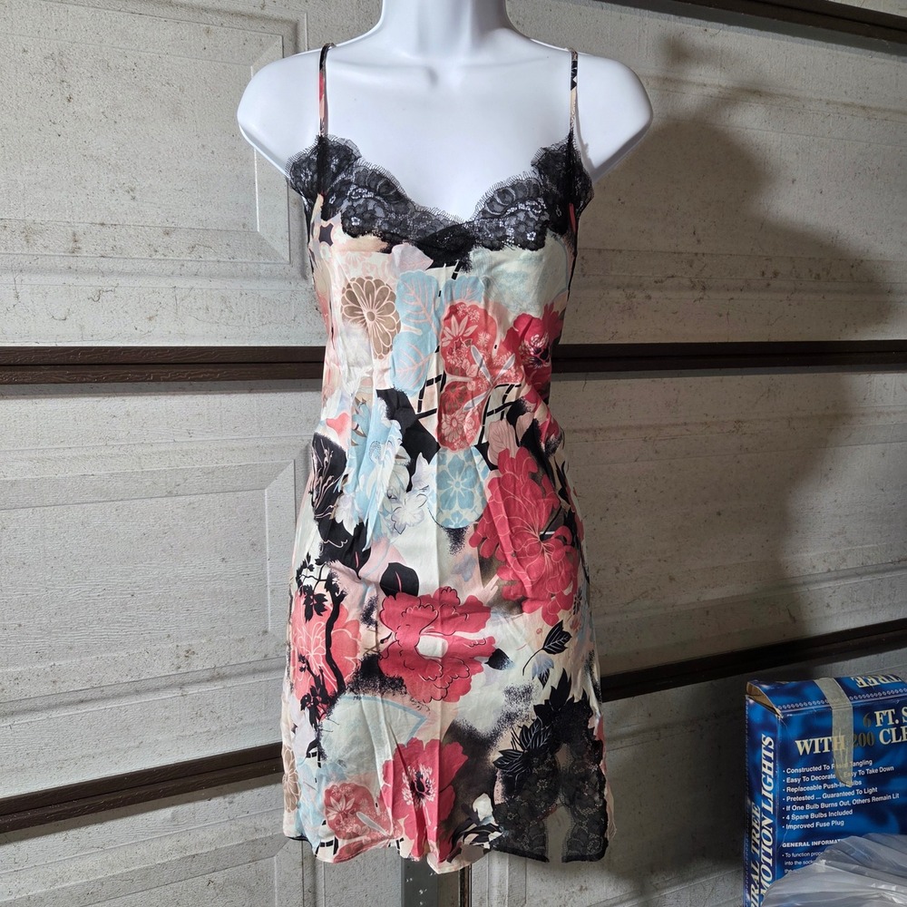 Soma 100% Silk Floral Lace Trim Babydoll Chemise Slip Dress Pink Black Y2K Sz 2